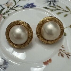 Vintage Trifari Goldtone and Pearl Pierced Earrings